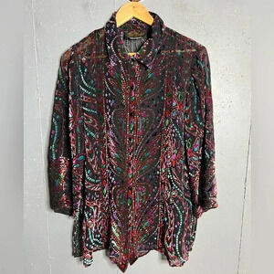 Bob Mackie Vintage Wearable Art Silk Blouse Tunic Butterfly Burnout Velour